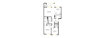 A floor plan of 2x2 D with a living room, two bedrooms, a dining room, a kitchen, two bathrooms, and a deck.