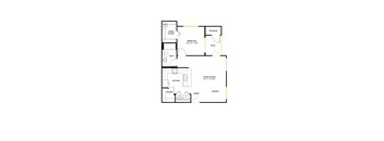 A floor plan of a house with a bedroom, living room, kitchen, pantry, and storage.