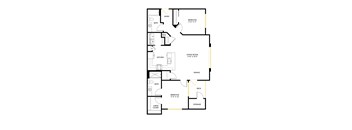 A floor plan of a house with a living room, dining room, kitchen, two bedrooms, a bathroom, a large closet, and a storage area.