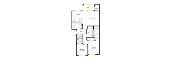 A floor plan of a house with a living room, dining room, kitchen, two bathrooms, a large closet, and two bedrooms.