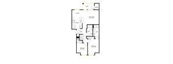 A floor plan of a house with a living room, dining room, kitchen, two bathrooms, and two bedrooms.