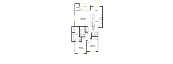 A floor plan of a house with a living room, dining room, kitchen, two bathrooms, a deck, and two bedrooms.