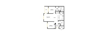 A floor plan of a house with a large bedroom, a living room, a kitchen, a dining room, a bathroom, and a storage area.