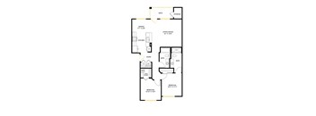 A floor plan of a small apartment with a kitchen, living room, and bedroom.
