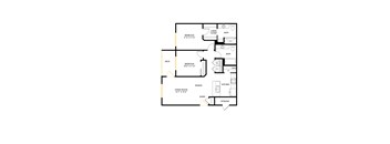 A floor plan of a house with a living room, two bedrooms, a bathroom, a kitchen, a dining area, an entry point, and storage.