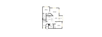 A floor plan of a house with a living room, two bedrooms, a dining room, a kitchen, a bathroom, a walk-in closet, and a storage area.