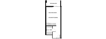 a floor plan of a living room with a bathroom and a bed