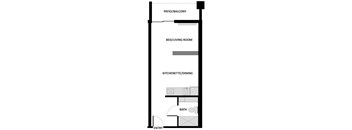 a floor plan of a room with a bathroom and a bed