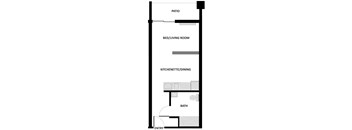 a floor plan of a room with a bathroom and a bed