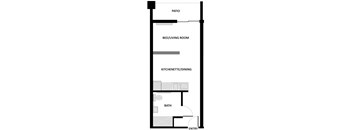 a floor plan of a bedroom with a bathroom and a bed