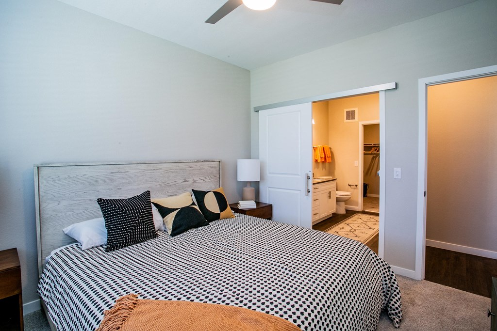 a bedroom with a bed and a closet and a bathroom