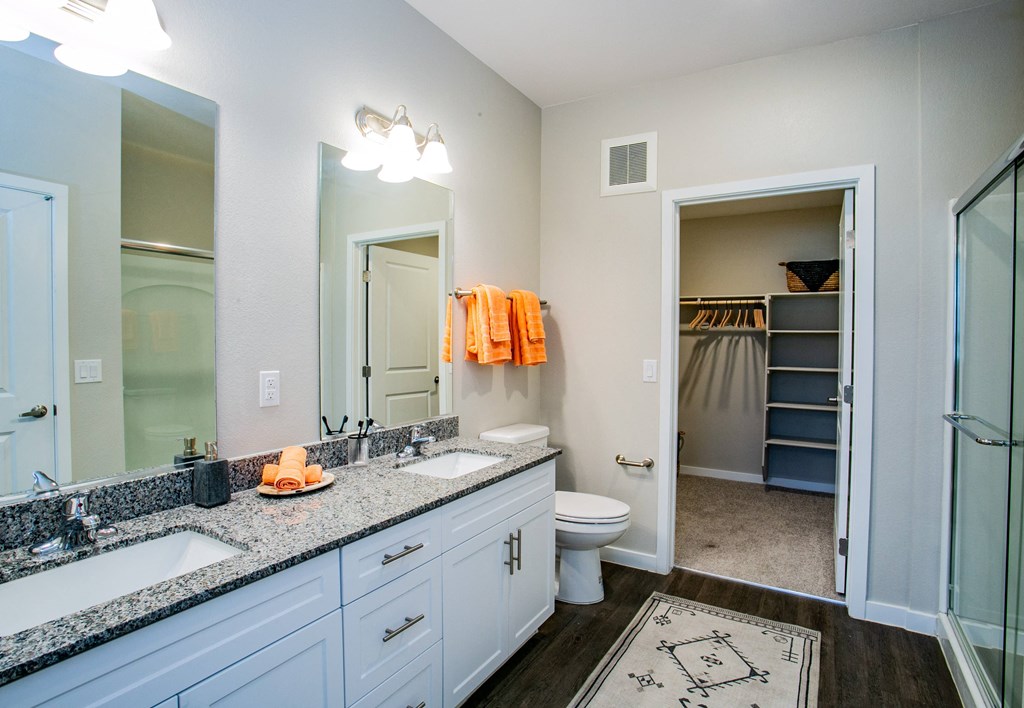 a bathroom with a toilet sink and mirror and a closet