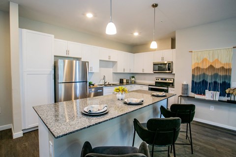a kitchen with stainless steel appliances and a granite counter top