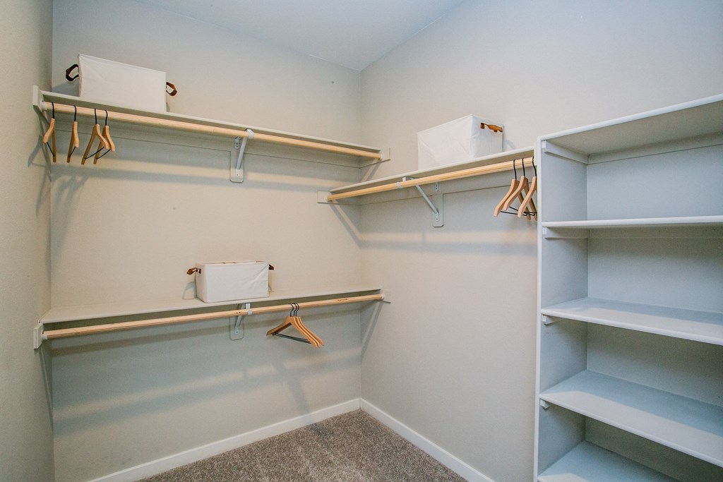 a walk in closet with shelves and a washing machine