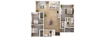 A top-down view of a home interior layout with a kitchen, living room, and bathroom.
