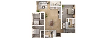 A top-down view of a modern apartment layout with a living room, kitchen, and bathroom.