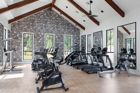 A gym with treadmills, elliptical machines, and a mirrored wall.