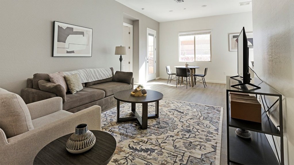 A living room with a grey couch, a coffee table, and a television.