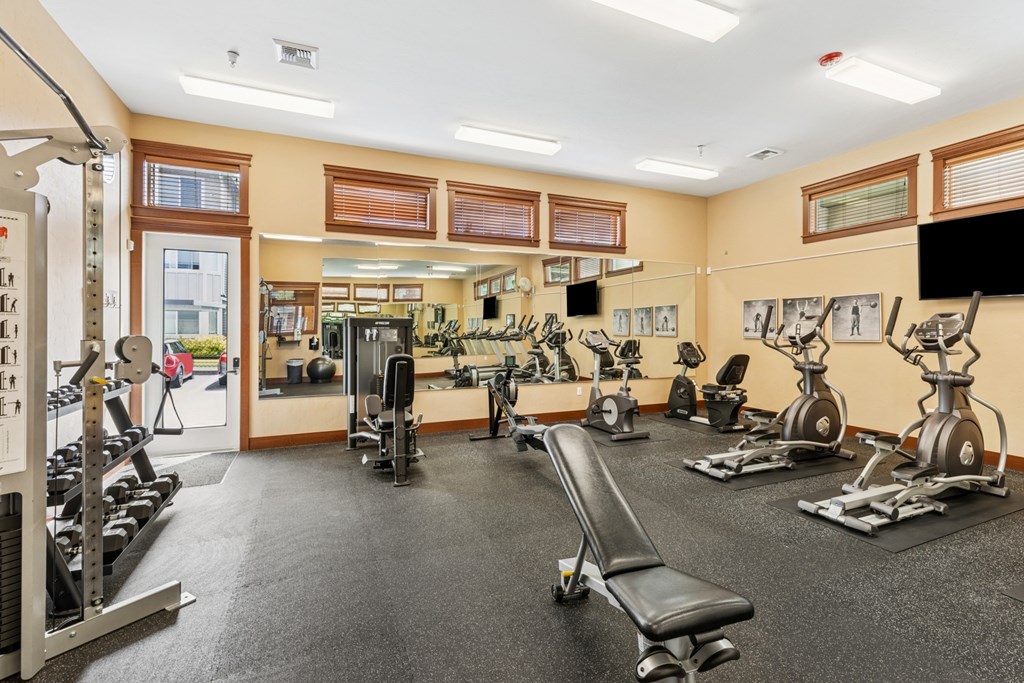 A gym with a variety of equipment including treadmills, weights, and exercise machines.
