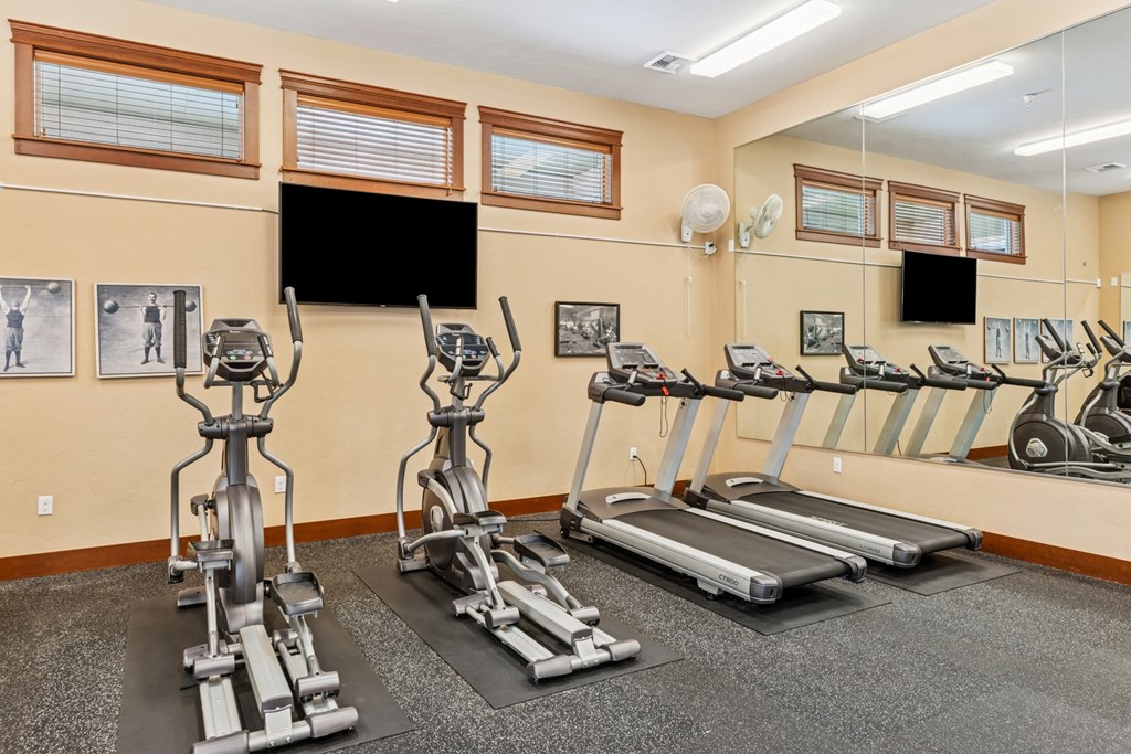 A gym with treadmills, elliptical machines, and a flat screen TV.