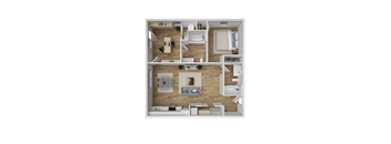 A top-down view of a live/work apartment with a kitchen, living room, and bathroom.