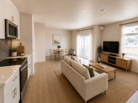A modern living room with a beige sofa and a kitchen area with white cabinets.