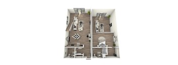A 3D rendered image of a modern apartment with loft