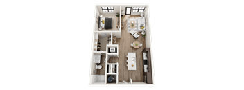 A top-down view of a well-organized apartment with a living room, kitchen, and bathroom.
