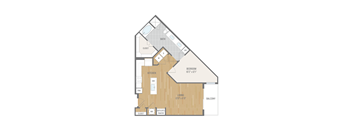 A floor plan of a house with a living room, kitchen, bathroom, bedroom, and pantry.