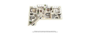 A 3D floor plan of a house with a kitchen, living room, dining room, two bedrooms, and two bathrooms