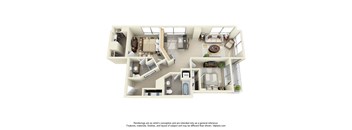 A 3D floor plan of a house with a kitchen, living room, dining room, 2 bedrooms, and 2 bathrooms