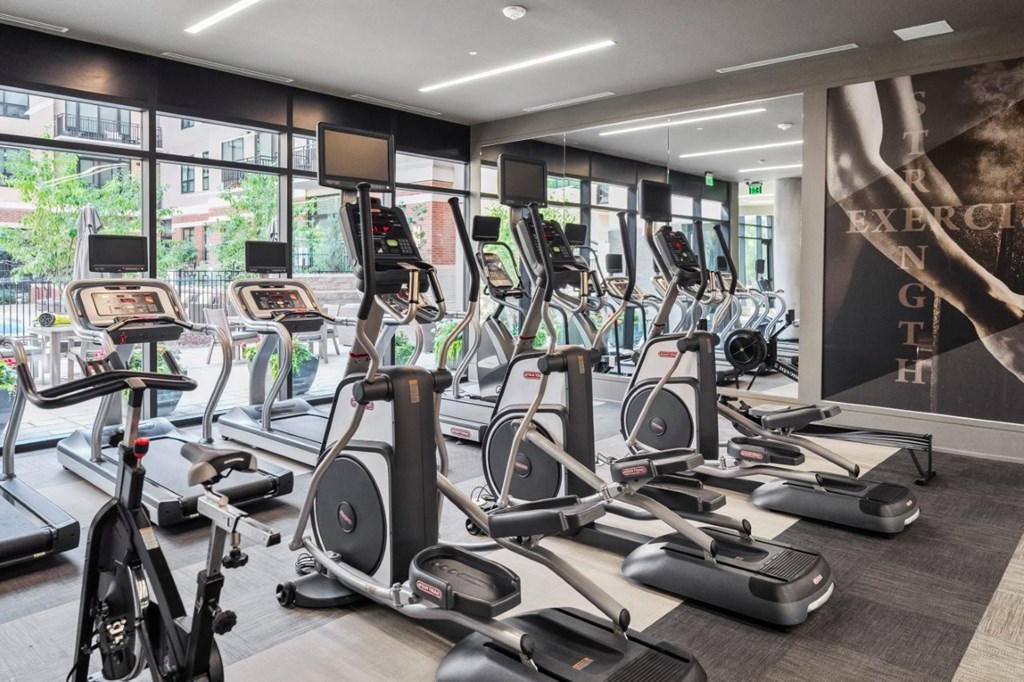A gym with treadmills, elliptical machines, and other exercise equipment.