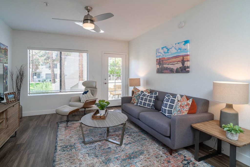 a living room with a grey couch and a blue rug