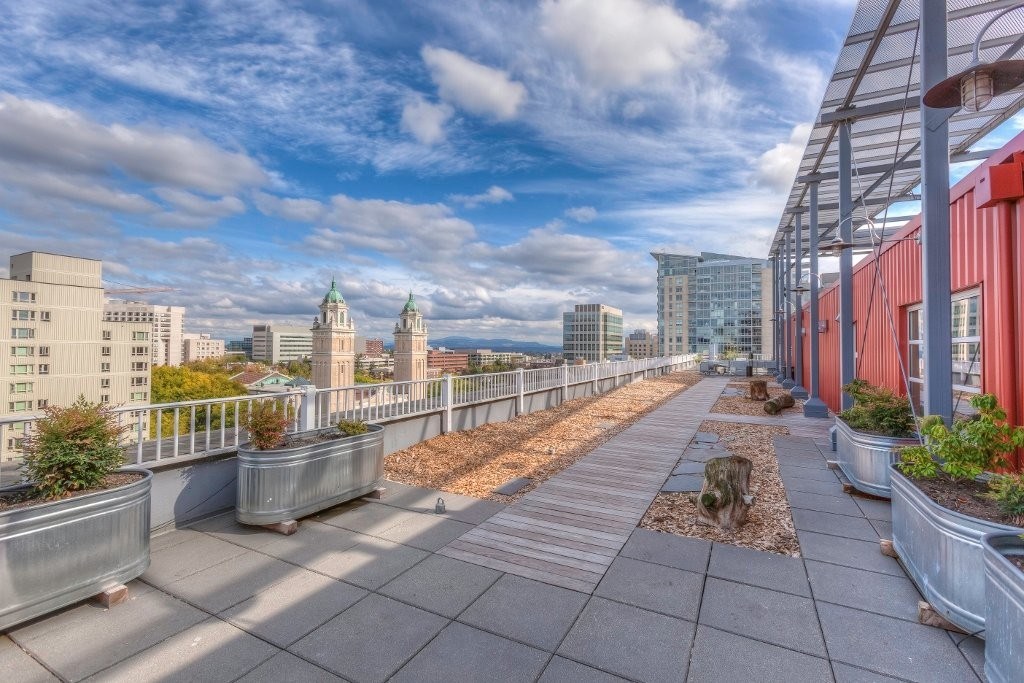 A rooftop garden with a walkway and planters.