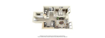 A 3D floor plan of a house with a living room, kitchen, and bathroom.