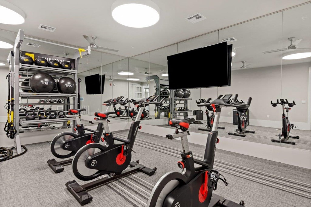a gym with various bikes and weights and a television