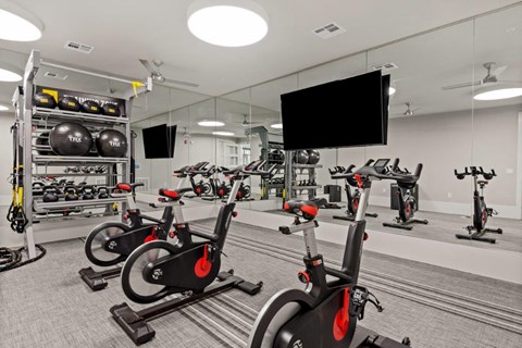 a gym with various bikes and weights and a television