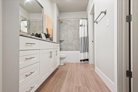a bathroom with white cabinets and a shower and a toilet