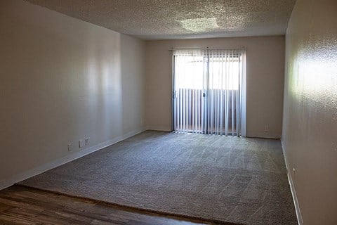 a living room with a carpet and a large window
