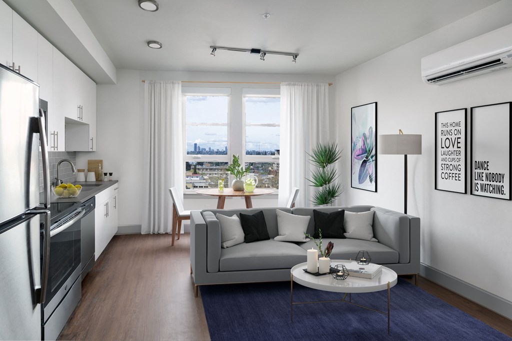 a living room with a couch and a table