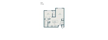 A floor plan of an apartment with a sleeping area, a living area, a kitchen, and a bathroom.