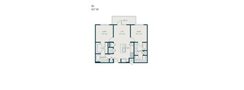 A floor plan of an apartment layout with a living room, two bedrooms, a bathroom, and a kitchen.