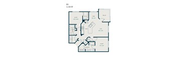 A floor plan of a home with a living room, dining room, kitchen, and two bedrooms.