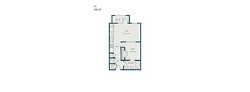 A floor plan of an apartment with a living room, sleeping area, kitchen, and bathroom.