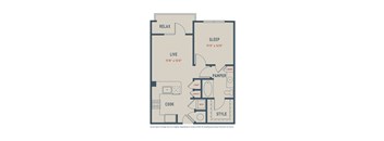 A floor plan of a house with labeled rooms such as RELAX, SLEEP, LIVE, and COOK.