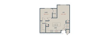 A diagram of a house layout with a sleeping area, a living area, a kitchen, and a bathroom.