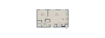 A floor plan of a small apartment with a sleeping area, a living area, a kitchen, and a pantry.