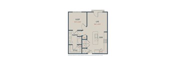 A floor plan of a house with a sleeping area, a live area, a kitchen, and a pantry.