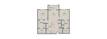 A diagram of a house layout with three bedrooms, a living room, a kitchen, and a pantry.