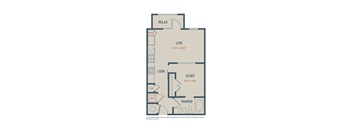 A floor plan of a small apartment with a living room, sleeping area, and a kitchen.
